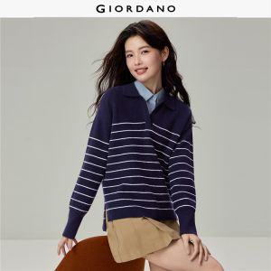 GIORDANO Women Sweaters Striped Skipper Collar Loose Sweaters High-Low Hem Fashionable Casual Sweaters 13356636