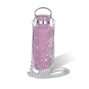 LIUJIR Thermal Rhinestone Water Bottle Chain Stainless Steel Glitter Tumbler Cute Leak-Proof Vacuum Flask Women