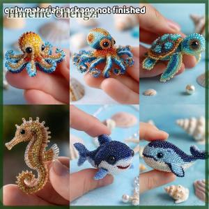 Hmeme 1Set Bead Embroidery Kit Material Package DIY Cute Octopus Turtles Sharks Design Craft Kit For Beginners Creative Handmade Gift