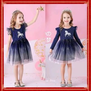 EASY WEARHOUSE Girls Princess Unicorn Dress Children party Clothing Kids Tutu Dress Flying Long Sleeve Baju Raya 2024