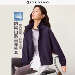 GIORDANO Women Jackets Pleated Back Drawstring Hooded Windbreakers Windproof Zip Front Fashionable Casual Jackets 13376763