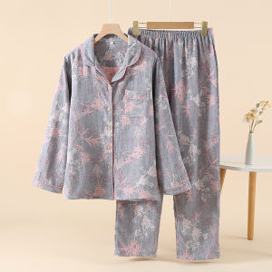 100% Class A pure cotton yarn-dyed womens pajamas lapel long-sleeved trousers loose and comfortable large size can be worn outside loungewear