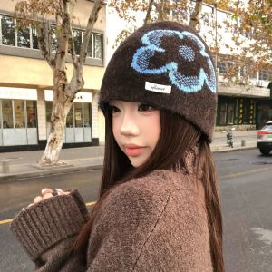 GORGE Họa tiết hoa Mũ len Bảo vệ tai Phong cách Hàn Quốc Mũ trùm đầu Thời trang Mũ trùm đầu chống lạnh Mùa Thu Đông