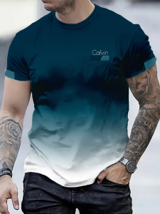 [Local Stock] VCC Turquoise Gold Wave Abstract Pattern Round Neck Short Sleeved Breathable Mens Summer Gradient 3D Polyester Printed T-shirt