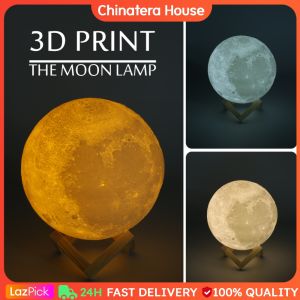 3D Printed Bright Moon Lamp USB LED Night Moonlight Touch Sensor 3 Colors Changing Home Bedroom Lover Children Gift