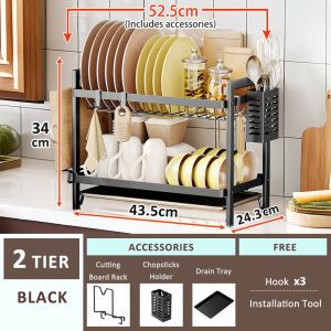Lifinity 2/3 Tier  Dish with Drainer Tray Kitchen Stainless Steel Drainer Rack Kitchen Dish Organizer Countertop Plate Organizer Storage Shelf Rack