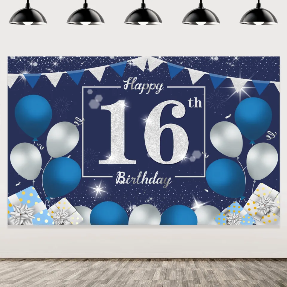 16. Geburtstags-Wimpelbanner – 2.74 M Lang, Glitzer Blau & Silber, Partydekoration