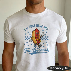[Local Stock] HBESTY  Im Just Here For The Wieners Cartoon Hot Dog Checkered Star Graphic Men Summer Cotton T Shirt Funny Food Vintage  Basic Tee