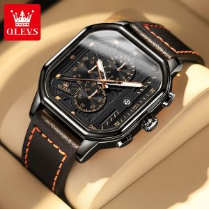 OLEVS 9950 Men Watches Square quartz Watch For Men Clock Genuine Leather Waterproof Quartz Wristwatch