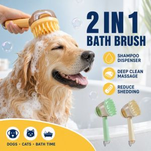 Silicone Pet Grooming Brush Shampoo Dispenser Deshedding Massage Soft Bristles Easy Grip Dog Cat Bath Cleaning