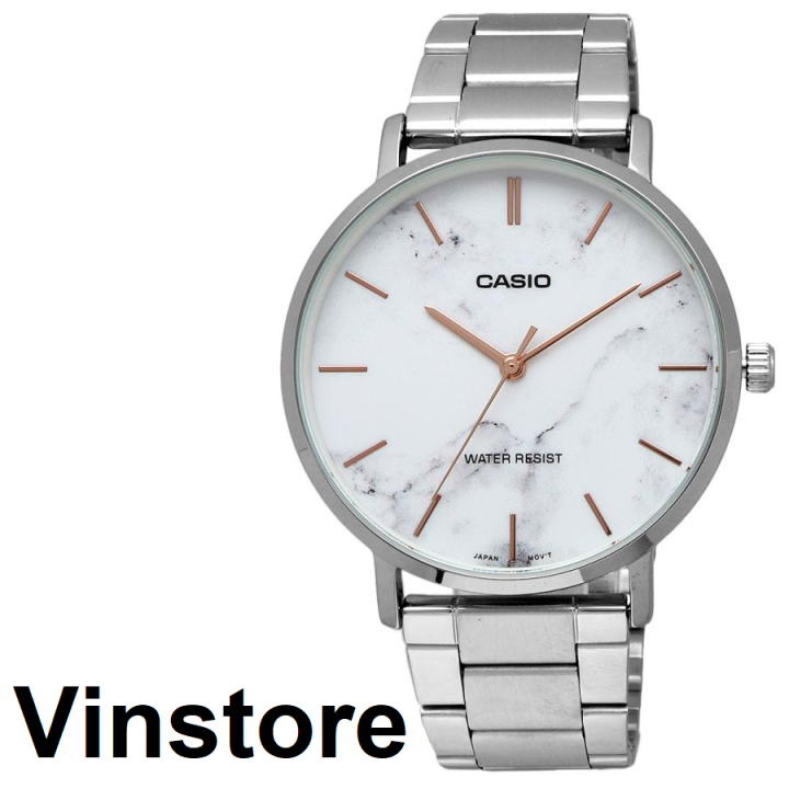 Casio MTP-VT01DM-7A Orologio Uomo Analogico Quarzo - Quadrante Bianco Marmorizzato, Acciaio Inox