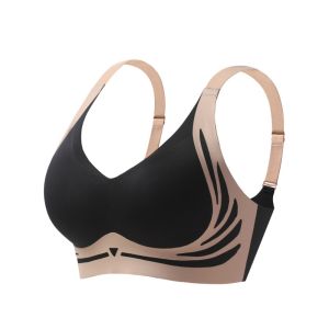 OQEWPI ฟิตติ้ง บราไร้สายทรงวีเว้าลึก การเย็บปะติดปะต่อกัน กันกระแทกและกันกระแทก ชุดชั้นในดันทรง สะดวกสบายสบายๆ ปรับได้ปรับได้ บราไร้ตะเข็บ สาวๆ