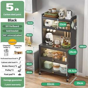 【VIDKHSY Store】5/6-Tier Kitchen Storage Cabinet with Wheels Foldable Door & Waterproof Dustproof Cover Multi-Purpose Microwave Stand Dish Organizer