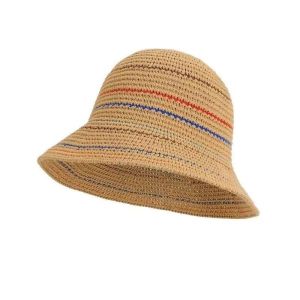 WININ Color-Blocked Striped Knitted Hollow Fisherman Hat Handmade Knit Vintage Style Breathable Sun Hat Temperament Anti-UV Sunshade Bucket Cap Beach