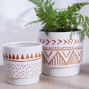 Geometric Ceramic Planters 6 Inch Hand-Painted Ceramic Embossed Plant Pots with Drainage Holes 2 Set Boho Minimalistic Planters for Indoor and Outdoor Plants(Beige & Brown)