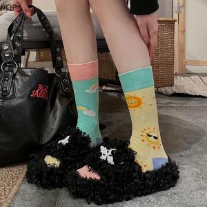 [WQP Fashion Store] Flash Sale Jewelry Asymmetric Autumn Winter Women Socks Funny Cute Cartoon Cat Embroidery Animal AB Interesting Mid Tube Socks