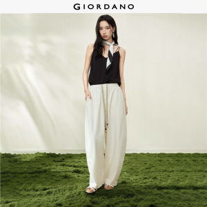 Giordano Women Contrast color lace drawstring elastic waist woven wide-leg long pants. - High Quality Free Shipping 18416606