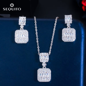 SEQUITO Delicate Cubic Zirconia 925 Silver Necklace Earrings Fashion Accessories Charm Chain Jewelry Set for  Women Girls SJ188