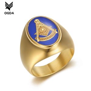 【OGDA】 Blue Gold Plated Mason Rings Aesthetic for Men Stainless Steel Fashion Masonic Accessories for Men Style High Quality Women Size 7-13 Rings for Couple Original Lucky Charm Jewelry A394