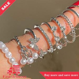 [COD]Flash Delivery 1Set Korean Style Butterfly Pearl Rings Set For Women Shine Pearl Gothic Vintage Rhinestone Simple Fashion Finger Jewelry Gift