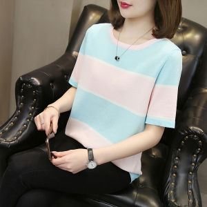 LUCKIN STORE Women Stripe T-shirt Ice Silk Knit Tops Women Summer Short Sleeve Round Neck Blouse Bottoming Shirt Plus Size
