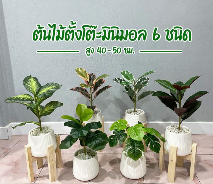 ต้นไม้ปลอมตั้งโต๊ะ 40 ซม. พร้อมกระถางและหินสีขาว (ไทรใบสัก, มอนสเตอร่า)