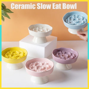 Ceramic Slow Food Bowl for Cats Dogs High Foot Design Neck Protection Anti-Choking Pet Bowls Feeders