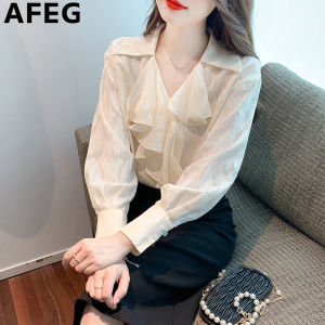 AFEG new Korean version V-neck ruffled fashion loose all-match retro chiffon long-sleeved blouse for women