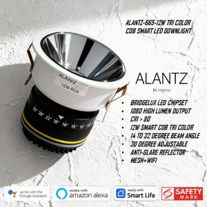 ALANTZ AL665 -12W SMART COB TRI COLOR LED DOWNLIGHT BRIDGELUX LED CHIPSET Works with Smart-life App Google N Alexa