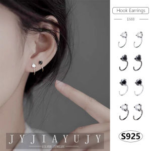 JYJIAYUJY 100% Sterling Silver S925 Hook Earrings 7/11MM Round Zirconia White Black Korean Fashion Style Casual Elegant Daily Trendy Women Birthday Hypoallergenic Fine Jewelry Gift E688