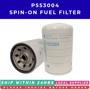 P553004 FUEL FILTER [SPIN-ON M16 x 1.5] [LOCAL STOCK. READY TO SHIP WITHIN 24HRS.] CROSS REFERENCE CATERPILLAR 3I1266 CUMMINS 3903640 FAW 1117010B010000W FORD 9576P553004 JOHN DEERE CX7085 PERKINS T64101003 TOYOTA 2330019195 VOLVO 8299132 21492771