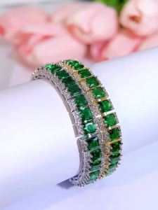 FCSEQUITO Charming Women Wrist Jewelry Inlay Green Princess Cut AAAAA Cubic Zircon Yellow Gold Plated Fashion Slider Bracelet Clothing Accessories B330