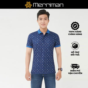 MERRIMAN SALE - Áo Polo Merriman Tay Ngắn Màu Xanh Dương  Họa Tiết Hoa Văn Form Basic
