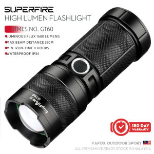 Superfire GT60 Lampu Suluh Terang Super Bright Torch Light Max Beam Distance 330m Rechargeable LED Handheld Search Light