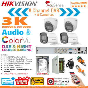 HIKVISION 8CH 3K(New 5MP 16:9) ColorVu Smart Hybrid Light Audio 4Cameras (2 Bullet 2 Turret) AcuSense Outdoor Indoor 8CH DIY CCTV Package Complete Kit NASHANTOO 8/4CRA5 CPS(2B2T) (with optional HDD) (Cables are sold separately)