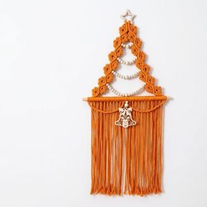 YRUQYS Wood Beads Christmas Tree Macrame Tapestry Aesthetic Woven Wall Hanging Pendant Home Decoration Art Cotton Rope Tassels Tapestry Christmas Decor
