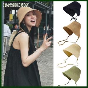 RAZIE BIN Linen Straw Regency Bonnets Hats For Women Sun Hats Bow Beach Cap Big Wide Brim Cloche Hat Chapeau Femme Lace Up Outdoor Summer