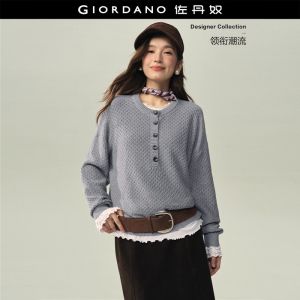 GIORDANO Women Sweaters 100% Cotton Honeycomb Knit Sweaters Drop Shoulder Half Button Fashionable Casual Loose Sweaters 18356617