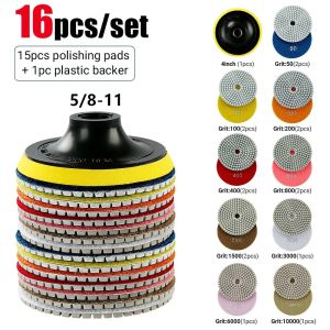 16pcs 4-inch Diamond Polishing Pads Kit 100mm Wet for Granite Stone Terrazzo Marble Polishing Use Grinding Pads Discs Set for Granite Stone Terrazzo Marble Polishing