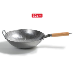 Onetwone iron wok with wooden handle Handmade Iron Pans Wok Chinese Traditional cast Iron Wok Cooking Pot Professional Chef Pan with Wooden Handle Non-coating Gas Cooker Cookware for Restaurant