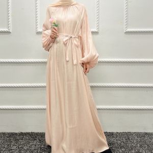 Muslim Dress Fashion Elastic Cuff Sleeve Soft Shiny Abaya With Belt
