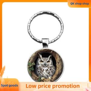 ✨QK shop✨ 3PCS Owl Keychain Charm Owl Retro Pattern Glass Convex Key Ring Creative Mens And Womens Car Bag Pendant Jewelry
