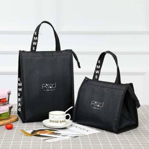 FOOD Fresh insulated Lunch Bag cooler/tas tote alumunium foil besar hitam/ tas bekal makanan/tas kotak makan siang portabel/hitam/gaya polos sederhana