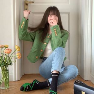Kayleigh Korean Style Chic Green Small Fragrance Coat Women Spring and Autumn High-end Design Sense Niche Short Coat Female Outwear
