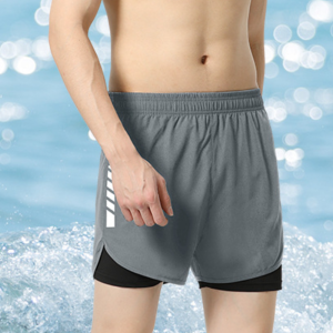 YUCHEN สองชั้น กางเกงว่ายน้ำขาสั้น แถบลายทาง กางเกงขาสั้นแบบสั้น กางเกงวิ่งขาสั้นผู้ชาย นุ่มนุ่มๆ อีลาสติก กางเกงขาสั้นเทรนนิ่งกีฬาผู้ชาย สำหรับผู้ชาย