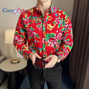 Cozy Up 东北大花男衬衫 Fashion Flower Printed Button Loose Korean Shirt Men Spring New Casual  Long Sleeve Shirt