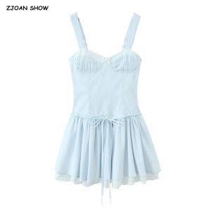 Princess Light Blue Spliced White Lace Ruched Chest Sling Dress Women Lacing Up Sashes 2 Layers Pleated Cake Dresses Vestidos2026