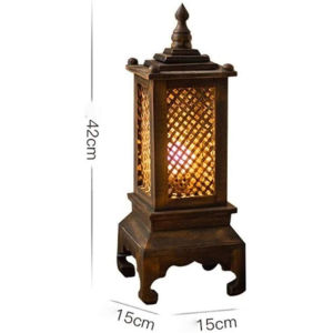 Carved Wood Lamp Handmade Traditional Window Design Art Deco Lantern Brown Asian Oriental Bedside Bedroom Accent Unusual Table Lamp (Pagoda)
