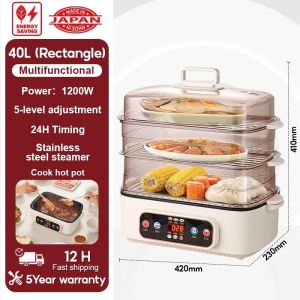 VOLTHUB Electric Steamer for Siomai 3-Tier 40L Electric Steamer with Hot Pot Function Smart Timer