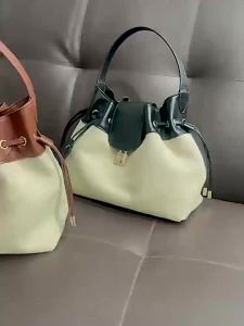 Korean-style high-end linen bucket bag with top-layer cowhide drawstring   Vintage multifunctional shoulder crossbody and handbag for everyday versatile commuting  #71574